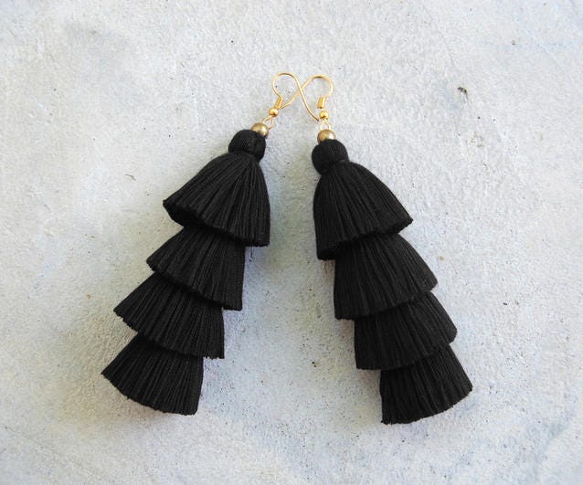 Four Layered All Black Tassel Earrings