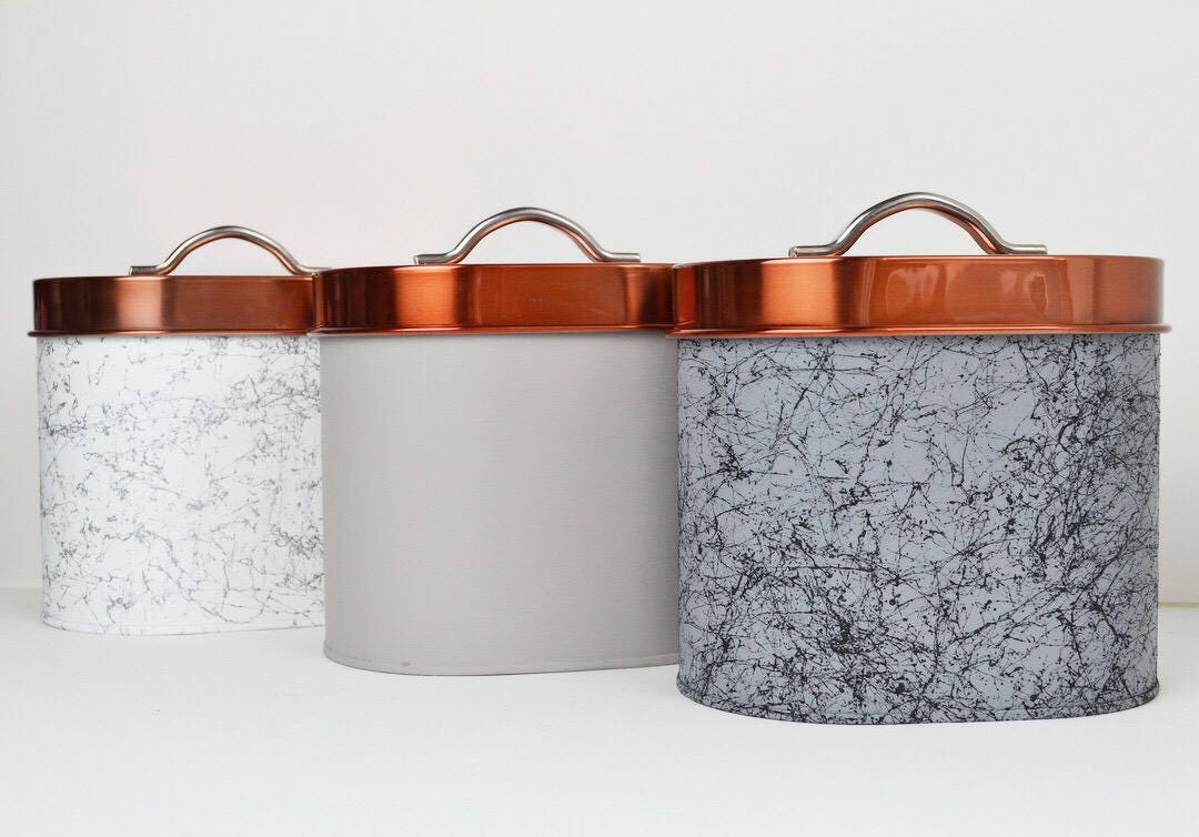 Tea Coffee and Sugar Tin Canisters Copper Grey Marble