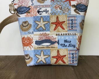 Knitting Bag, Project Bag, Wedge Bag, Zippered Pouch Bag, Sock Knitting, By the Sea Fabric