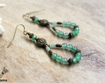 Bronze earrings rustic Trio of aventurine • • • • creative • creative • green stone jewelry gemstone jewelry ethnic jewelry