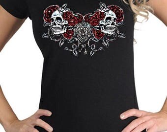Women's Tattooed Skull Roses Heart Lock Key Vintage Look Graphic T-Shirt Tee
