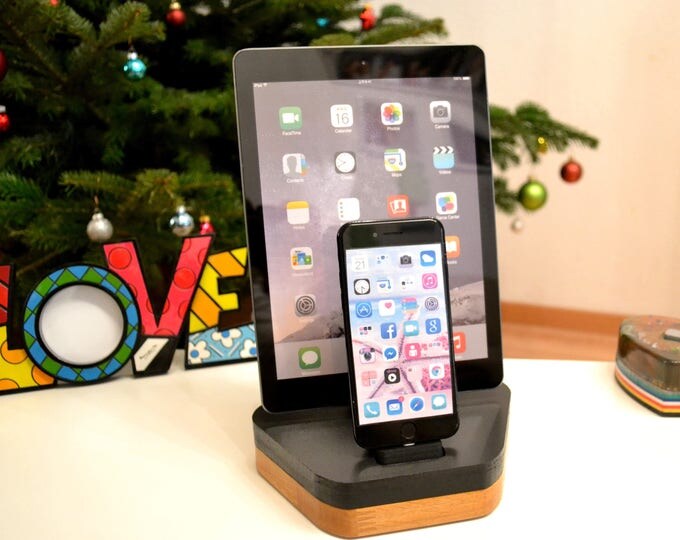 iphone charging cradle Docking station stand ipad charging station gift stand IDOQQ due Pad Wood Station, iphone 5, 6, 7, 8, ipad all models