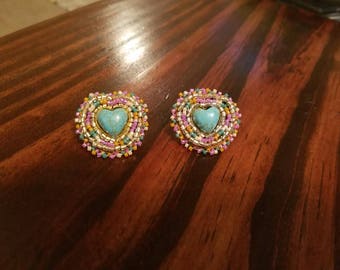 Native American beaded turquoise heart post earrings