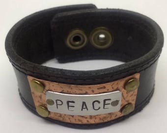 Black Leather Cuff Bracelet for women with PEACE design. Leather metal cuff Leather Bracelet Boho Jewelry Copper cuff Gift for her