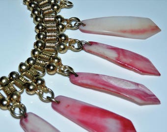 Vintage VICTORIAN Revival BOOKCHAIN Gilt Metal Mother of Pearl Shell dangle NECKLACE