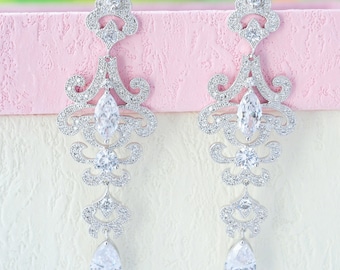 Wedding Earrings Wedding Lace Earrings Long Crystal Earrings Wedding Long Earrings Long Zirconia Earrings Zirconia Jewelry Sparkle Earrings
