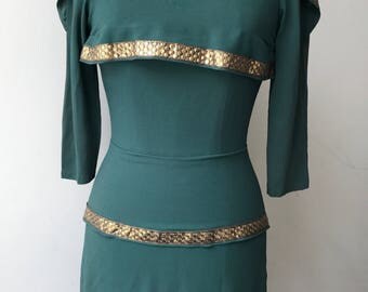 Silk Crepe Turquoise Dress / Gold / Evening Wear / 1970's Vintage