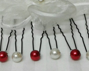 Hair pins, wedding hair pins red and 8 mm Ivory Pearl bridal hair accessory