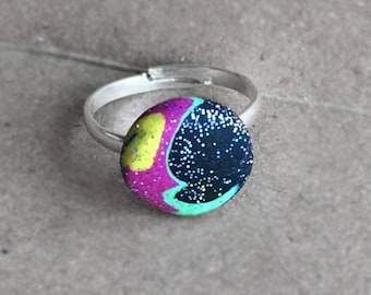 Pink crescent moon and sparkle stars adjustable ring
