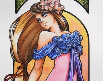 Elegance At Dusk manga original character Copic markers. Elegance at dusk markers Copic anime manga style Art Nouveau Mucha