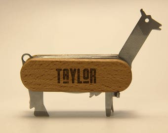 Custom Engraved Wood Animal Pocket Knife // Fun 7-in-1 Swiss Army Utility Knife // Personalized Multi-tool // Llama Rhino Bear Tool