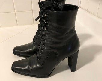 90s Black COMBAT BOOTS Vintage Genuine LEATHER Shoes Boot Size