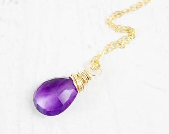 Amethyst Gemstone Necklace, Gold Fill Necklace, Pendant Necklace, Dark Purple Necklace, Wire Wrap Necklace, February Birthstone Necklace