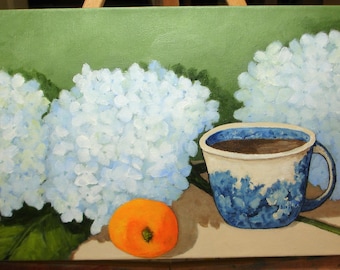 Hydrangea Painting - SIMPLE PLEASURES - Coffee Flowers and Fruit - 8x16 deep edge canvas -Original Floral Art