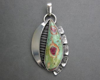 Ruby in Fuchsite Flower Petal Sterling Silver Pendant
