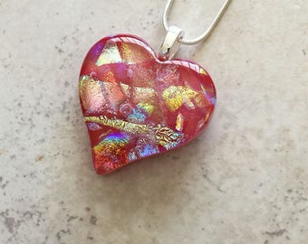 Dichroic Jewelry - Dichroic Fused Glass Jewelry - Red Heart Fused Dichroic Glass Pendant & Necklace - 144-16