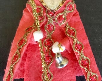 Vintage Look Cotton Santa Christmas Ornament-Cotton Batting Santa,German Scrap Santa,German Tinsel,Braiding Trim,Vintage Bell
