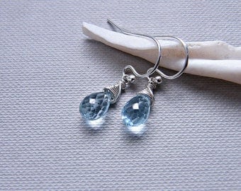 Blue topaz earrings, dainty earrings, sky blue topaz silver earrings, PETITE gemstone earrings, wire wrapped December birthstone earrings