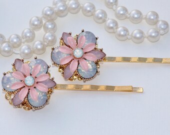 LAST PAIR Swarovski White Opal Blush Peach Hair Pins,Jeweled Bobby Pins,Golden Bobby Pin,Set of Two,Floral Flower,Blush Hair Pins,Peach Rose
