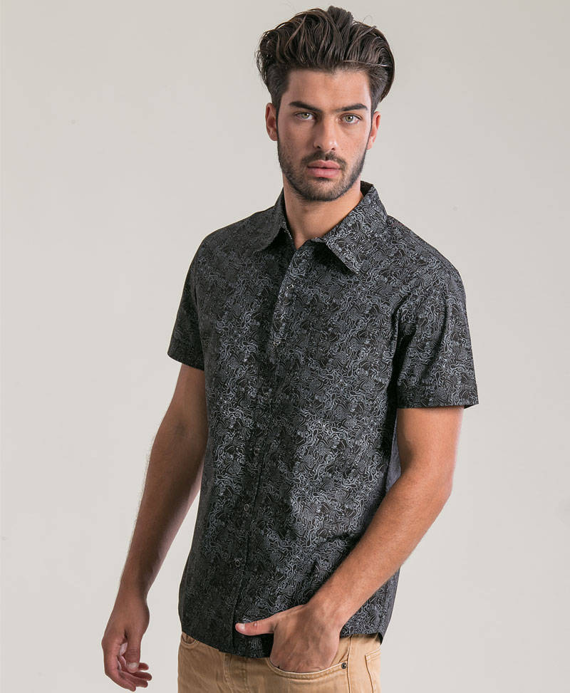 Black Cotton Button Up Shirt For Men Mayan Inspired Pattern