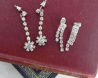 2 Pairs of Vintage Art Deco Rhinestone Earrings, Silver Tone Flapper Earrings, Pierced Earrings, Party Earrings, Vintage Bling
