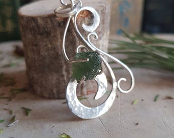 Moldavite and Swirly Silver Pendant - meteorite