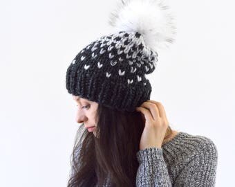 Knit Chunky Fair Isle Pom Pom Slouchy Hat Beanie Toque | The Norwich