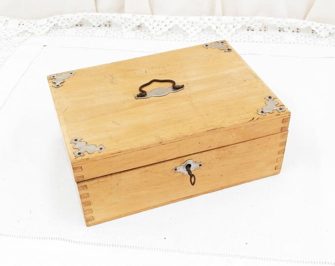 Antique French Beech Wood Box with Working Lock and Key Handle Decorative Corners Dovetail Joints, Locking, Jewelery, Trinket Box, Casket
