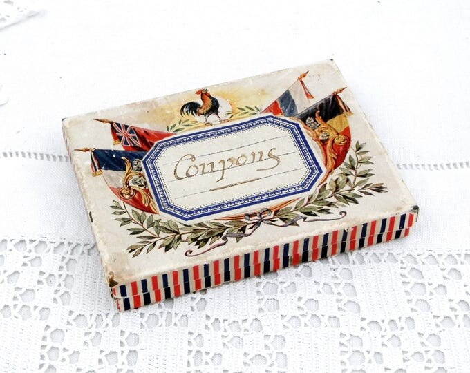 Antique French and Dutch, Tricolor Flags with Belgian and British Flag and French Roaster Paper Covered Metal Tin with Label, Collectable