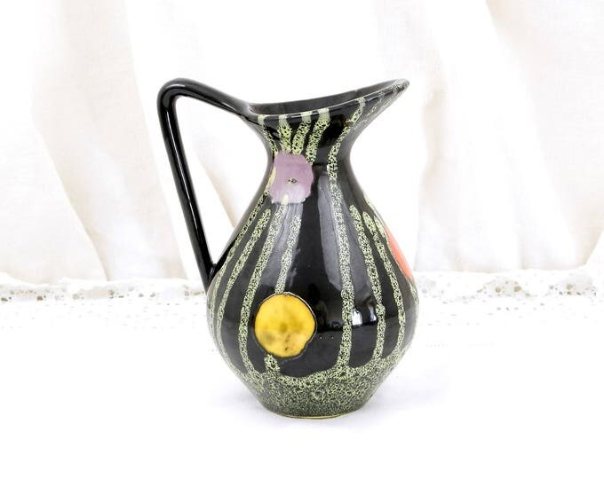 Vintage French Mid Century Modern Ceramic Pitcher / Jug / Vase Black Glaze Colorful Pattern, 1960s Retro Pottery Decor , Vallauris