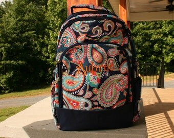 Girls Monogrammed Blue Paisley Backpack Navy Trim Personalized Bookbag