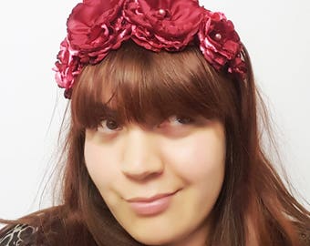 Red Satin Floral Crown, Day of the Dead Headpiece, Mexican Flower Crown,Bridesmaid Headpiece, Festival Crown, Boho Headpiece, Gothic Crown