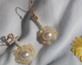 Pearl And Opal Sterling Silver Drop Earrings