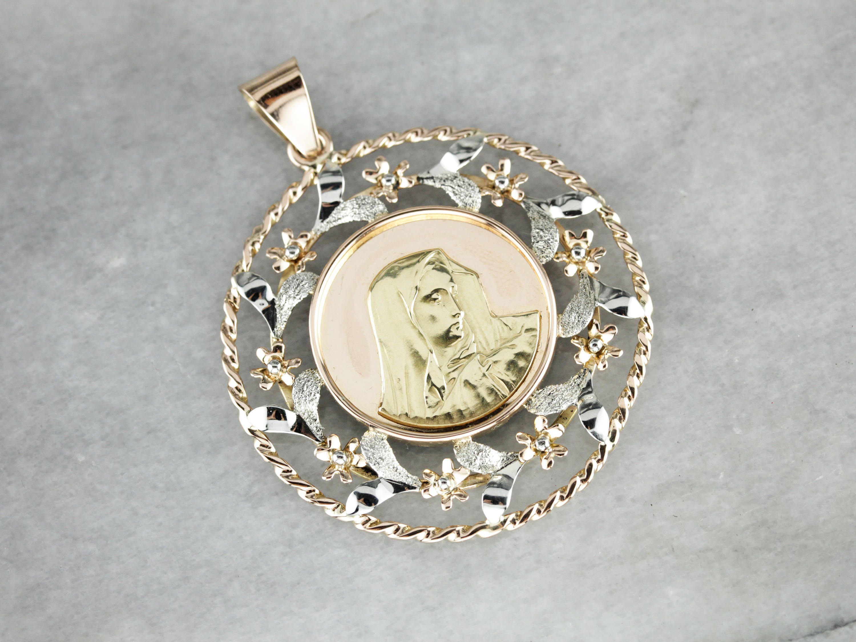 Unique Virgin Mary Pendant Floral Saint Mary Gold Pendant