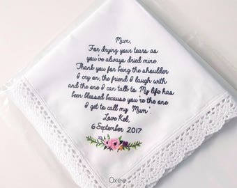 Wedding handkerchief, mother of the bride gift, lace edge, as I say I do, Oxee