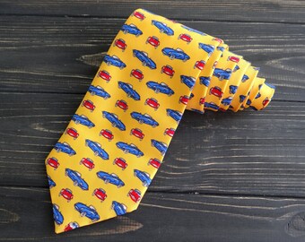 Vintage yellow tie silk necktie Men tie for groomsmen wedding tie Novelty car print tie husband gift cravate anniversary gifts for driver
