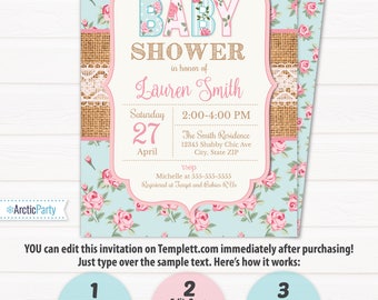 Shabby Chic Baby Shower Invitation, Girl Baby Shower Invitation, Vintage Baby Shower, Shabby Chic Invitation, INSTANT ACCESS - Edit NOW!