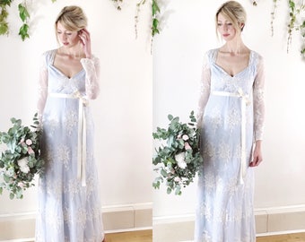 CLAUDIA - boho long sleeve lace wedding dress, bridal gown, powder blue, simple wedding dress, full length UK sz 8/10 Ready to wear