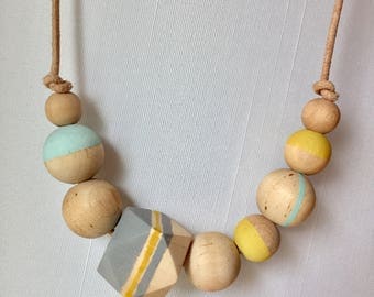 Wood bead hand painted necklace gray mustard yellow robins egg blue