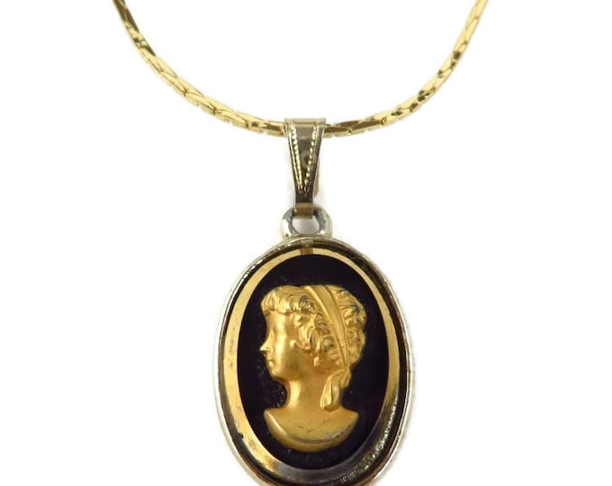 Cameo Pendant Necklace, Vintage Black and Gold Cameo. 16 inch Chain Necklace