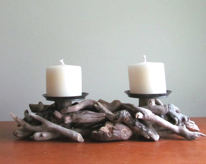 Driftwood Two Pillar Candle Holder, Driftwood Candelabra, Wood Candle Holder, Driftwood Art, Rustic Home Decor, Coastal Decor, Driftwood