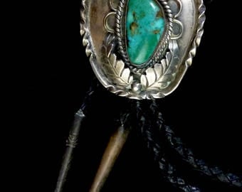 39g Vintage Navajo Sterling Silver Bolo Tie w Wonderful Royston Turquoise and Fabulous Silversmithing Details by Melvin Thompson!