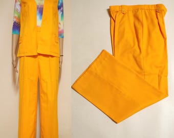 Vintage 70s Suit 2 Piece Vest Pants Flares Trousers Yellow Loud Retro Flared High Waist Vtg 1970s Size S