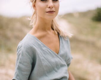 Loose wrap linen dress / Maternity linen dress / Linen dress / Sea green linen dress / #31A