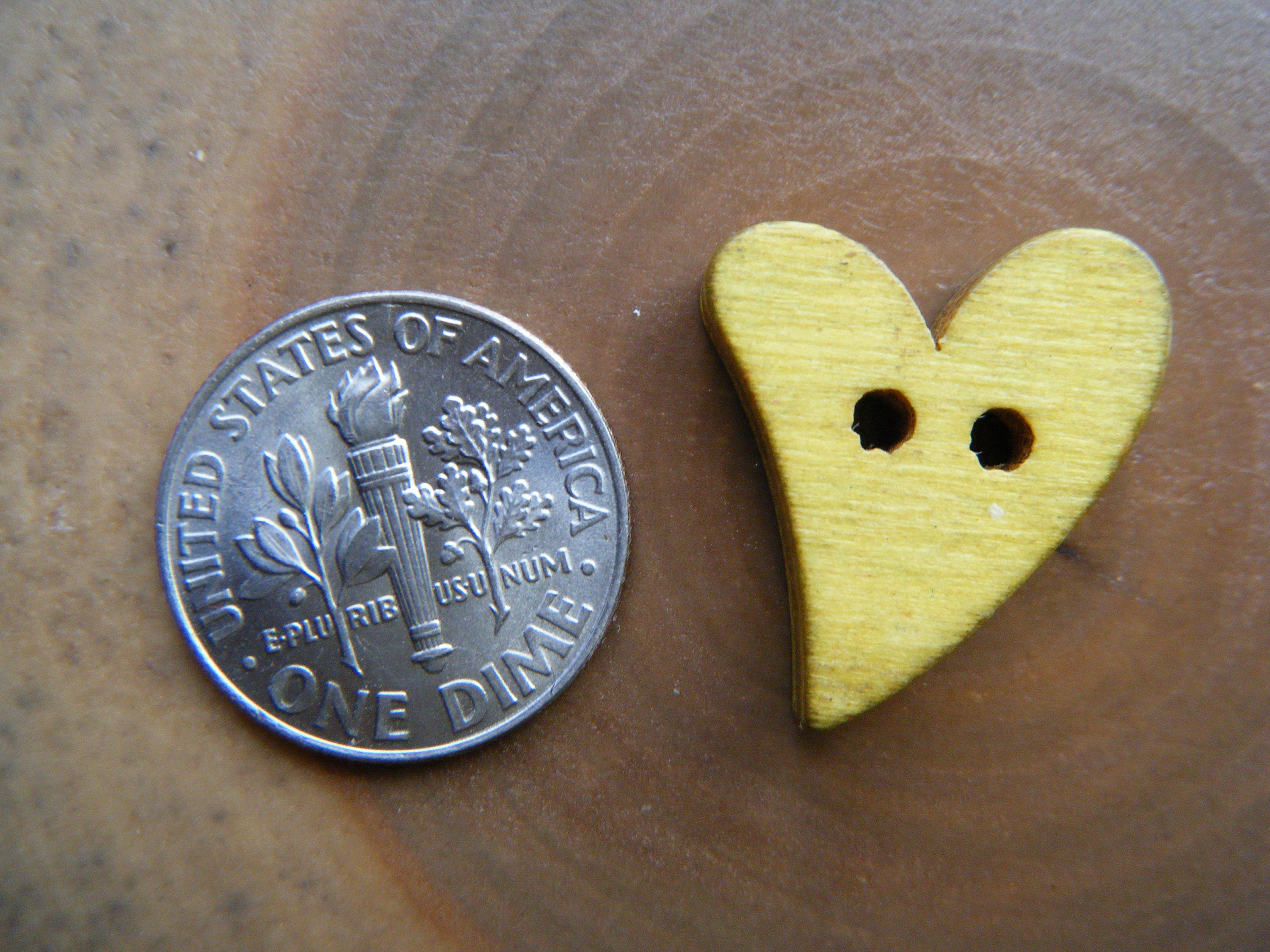 5 Heart Buttons, 20mm Rustic Wooden Heart Shaped Buttons, Khaki Yellow