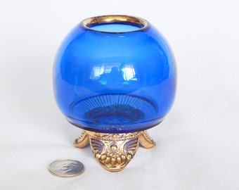 Antique Cobalt Blue Glass Small Round Vase - Footed With Gold Paint Accents - Collectible