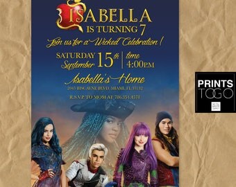 Descendants Invitation, Disney Descendants 2 Invite, Descendants Birthday Invitation, Disney Descendants Birthday Party Mal Evie Uma