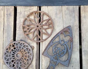 Lot Of 3 Vintage Cast Iron Trivets, 1940s Primitive Hot Plates