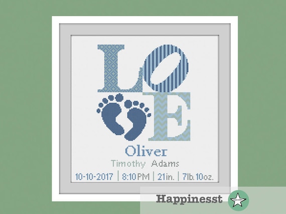 cross stitch baby birth sampler, birth announcement, LOVE, baby feet, baby boy, DIY customizable pattern** instant download**