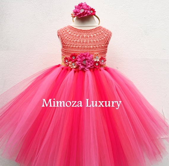Hawaii Flowergirl dress, tutu dress, Tropical bridesmaid dress, princess dress, silk crochet top tulle dress, hand knit silk top tutu dress